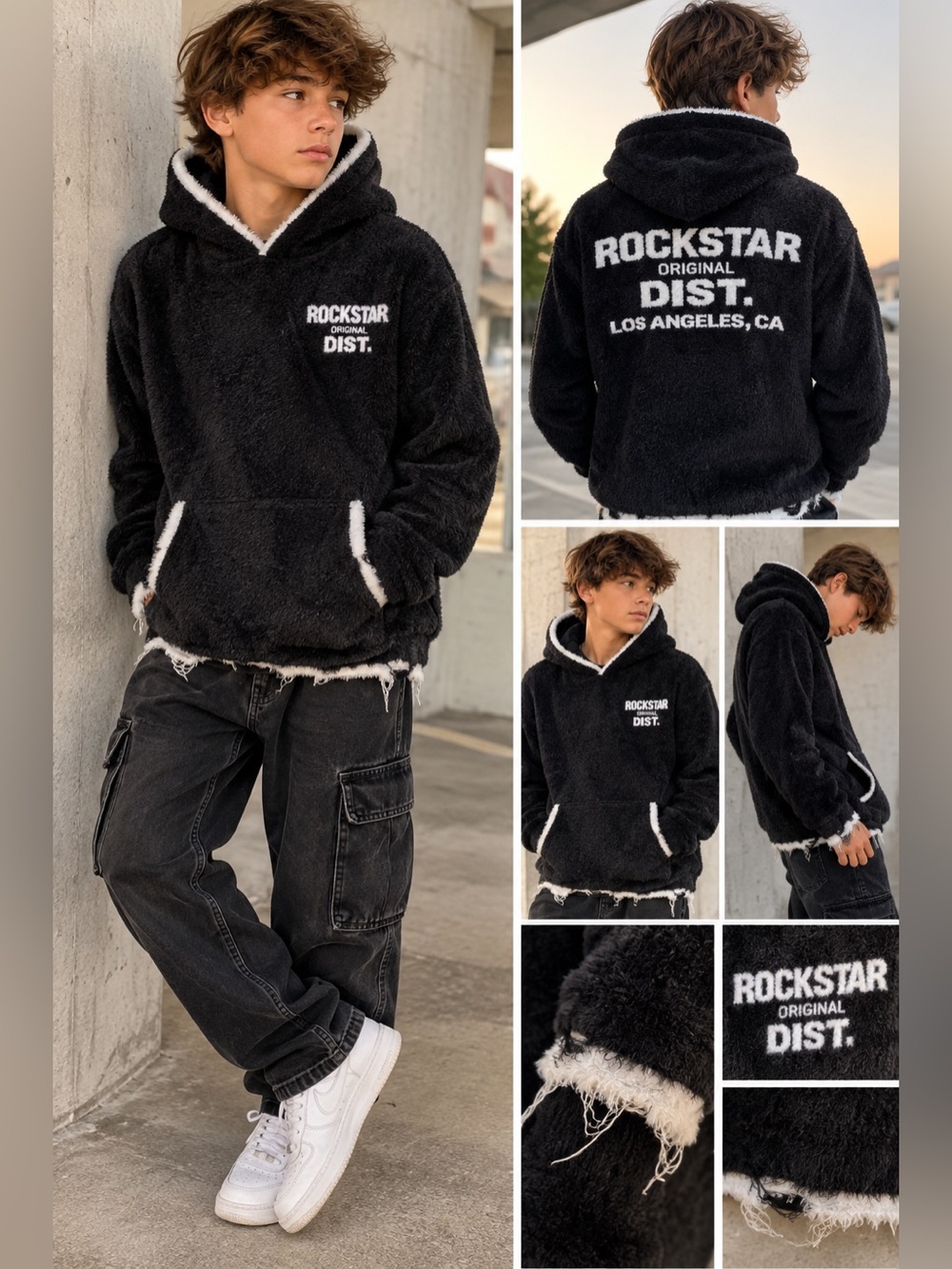Rockstar Original Black Fuzzy Distressed Hoodie Size 14